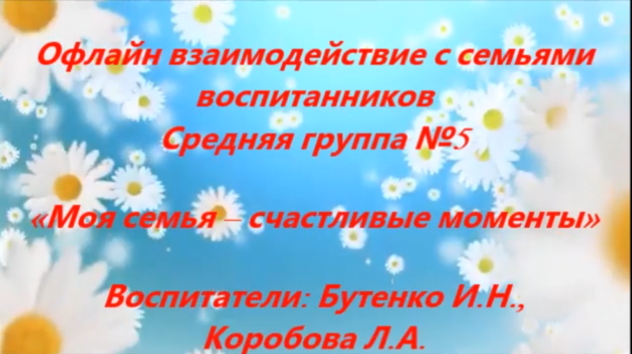 Офлайн взаимодействие с семьями воспитанников средняя группы № 5 «Моя семья-счастливые моменты» Офлайн взаимодействие с семьями воспитанников средняя группы № 5 «Моя семья-счастливые моменты».